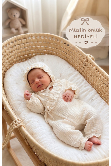 Bebek Müslin Tulum Seti - Fırfır Yakalı Kruvaze Bağlamalı Şapkalı Hastane Çıkışı Takım