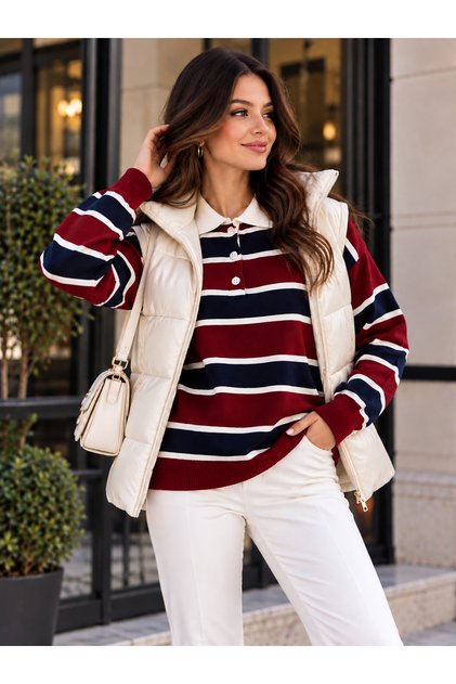 Burgundy Striped Polo Neck Buttoned Women's Knitwear Sweater