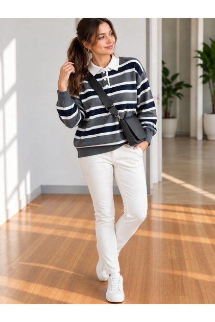 Anthracite Striped Polo Neck Buttoned Women's Knitwear Sweater