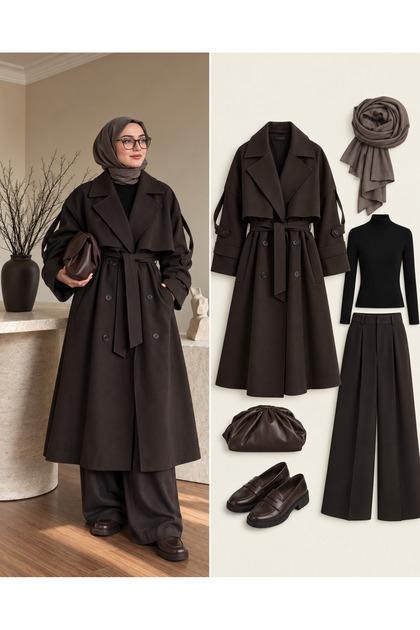 Kuşaklı Oversize Uzun Trençkot - Kahve