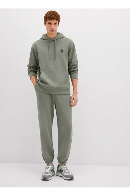 065809 Logo Embroidered Men's Hooded Sweatshirt Khaki