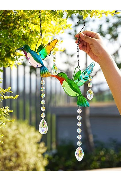2pcs 2 hummingbird sun catchers, stained glass window hangings, rainbow maker crystal prism sun catc