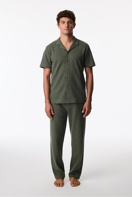 Men's Khaki Deep Green Short Sleeve Shirt Trousers Pajama Set