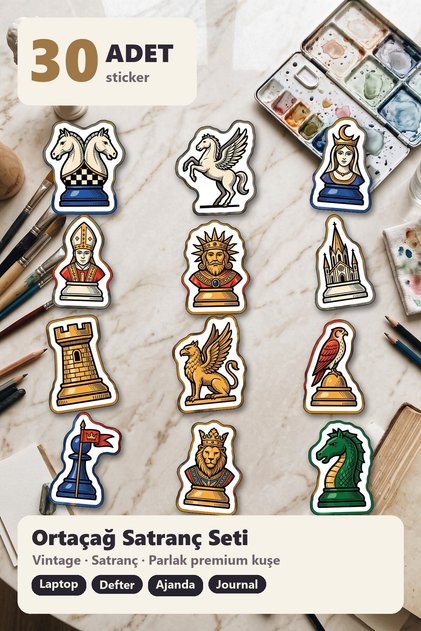 30 Adet Rönesans Satranç Sticker Seti - Laptop, Defter, Telefon Kılıfı