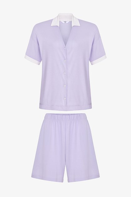 Lila Collagen Gömlek Kısa Kollu Şort Pijama Takımı