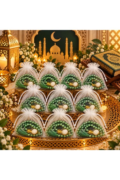 10 Green Gift Tulle Pouch Pearl Prayer Beads (Mevli̇d-Hac-Umre-Sünnet)