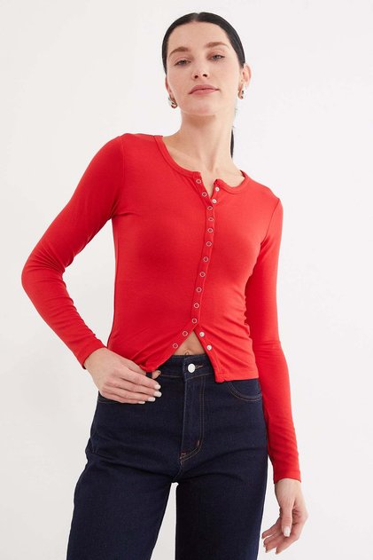 Ribbed Slim Fit Blouse with Snap Front