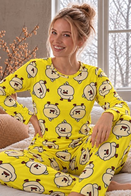 Luxury Suede Crew Neck Patterned Long Sleeve Women's Pajama Set