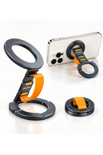Double-Sided Magnetic Phone Holder Magsafe Compatible Openable Ring Corner Iron Gym Foldable Stand Orange