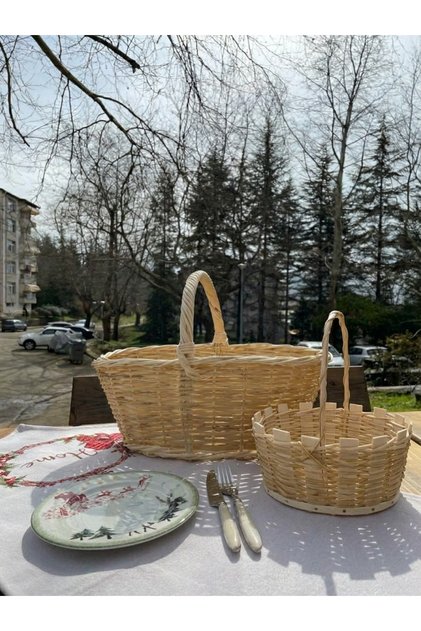 (HASIR MEYVE SEPETİ HEDİYELİ)BEYAZ ATÖLYEM Tek Renk Piknik Sepeti