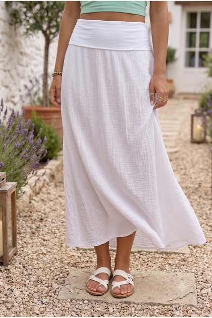 White Lined Foldable Fabric Waist Casual Cotton Long Woven Skirt 95 65