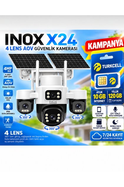 X24 4 Lens 4G Solar Güvenlik Kamerası 2 MP + türkcell Data Hat Kampanyası