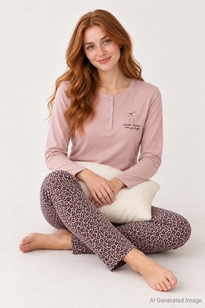 Women's Patterned Long Sleeve Pajama Set Powder 100% Cotton