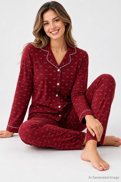 Women's Patterned Buttoned Long Sleeve Pajama Set Claret Red 100% Cotton