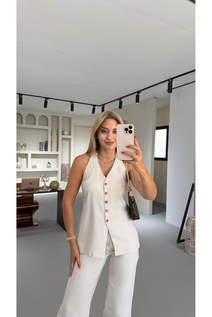 Bone Button Back Detail Stone Vest
