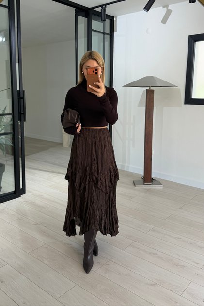 Fusta maro jacquard cu efect încrețit în straturi