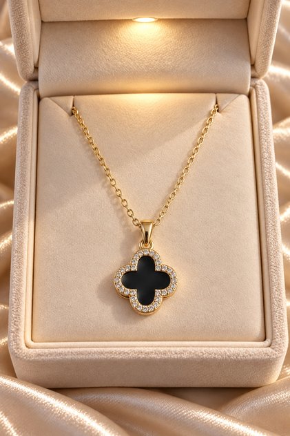 Çelik Gold Renk Siyah Mineli Zirkon Taşlı Yonca Figürlü Kolye
