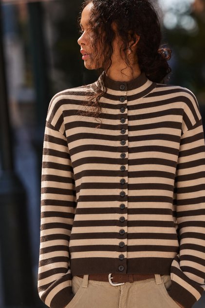 7081 Women's Striped Stand Collar Buttoned Knit Sweater Brown - Camel