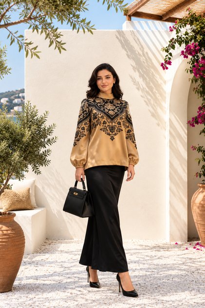 Altın Siyah Yaprak Desenli Jasmine Bluz