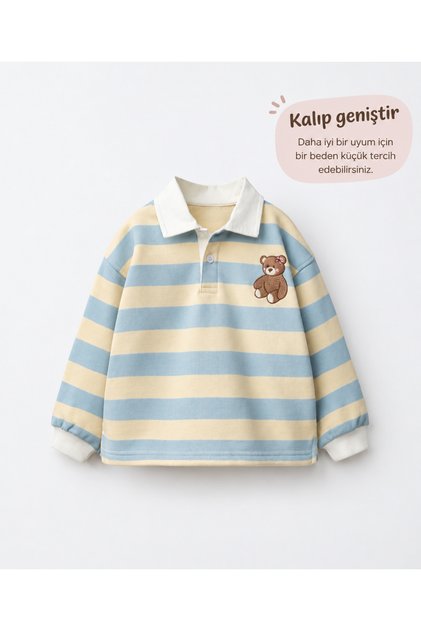 Çocuk Polo Yaka Çizgili Ayıcık Nakışlı Sweatshirt mavi "Rahat Kalıp / Geniş Kesim"