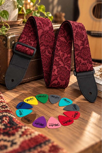 GSR-40 Gitar Omuz Askısı Elektro ve Akustik Gitar Uyumlu Ayarlanabilir 90-145 cm + 12 Adet Pena