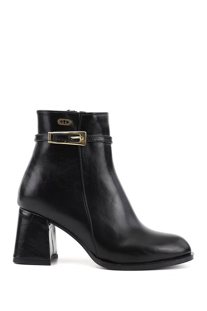Women's Black Zippered Thick Heeled Boots