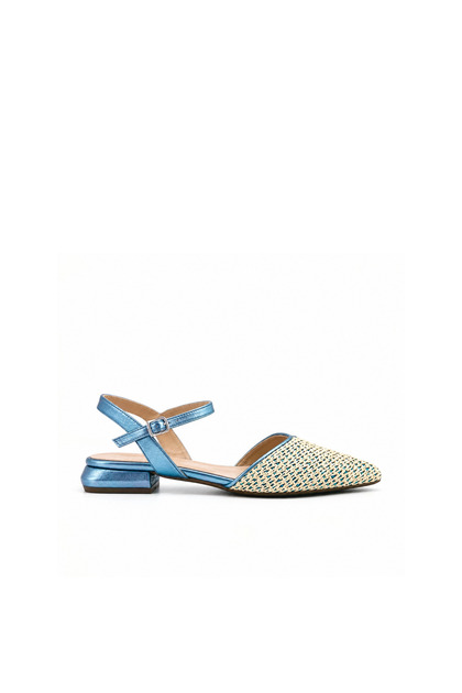 Metallic Blue Leather Straw Detailed Ankle Buckle Low Heeled Women's Shoes