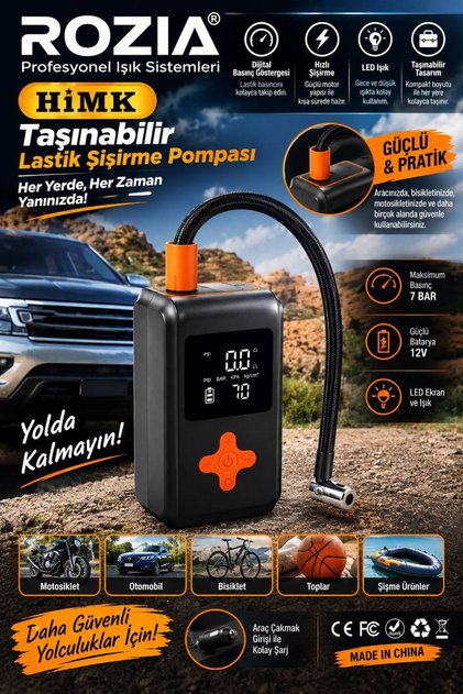 ROZIA Dıgıtal Usb Şarjlı Tüm Oto Pompa Araba,Motorsiklet,Top,Bisiklet
