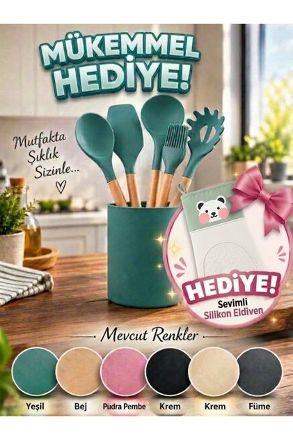 5 Parça Renkli,Ahşap Saplı Silikon Mutfak Servis Seti-Yanmaz Yapışmaz Kepçe Spatula Kaşık Fırça