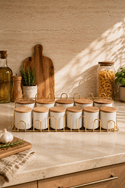 11-Piece Shiny Gold Ceramic Spice Jar Set with Wooden Lids and Stands, Lidded Jars and Kitchen Organizer Set