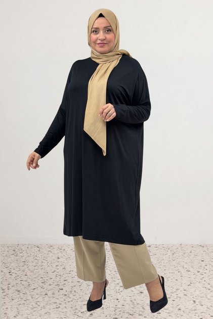 28092 Large Size Low Sleeve Combed Cotton Tunic-black