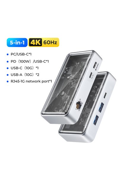 5in1 RJ45 PD100W 10Gbps USB C HUB 4K60Hz Type-C to HDMI-compatible USB 3.0 Adapter Metal