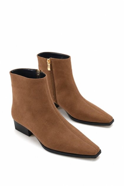 Women's Brown Suede Short Heeled Pointed Toe Zippered Boots