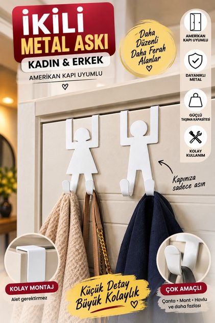 MİNİ BEYAZ SET 2.Lİ || 6 Cm Metal || AMERİKAN KAPI UYUMLU || Arkası Askılık Kadın Ve Erkek Figürlü 2'li Set Organizer || Kapı Askısı Delme Gerektirmez Elbise Havlu Banyo Dekorasyon Bornoz Askısı Havlu
