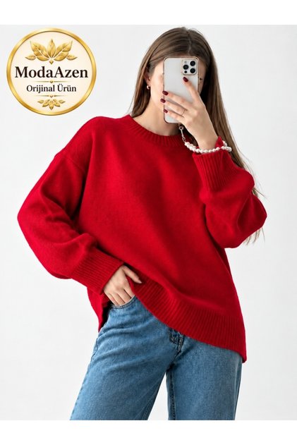 Red Crew Neck Oversize Women's Knitwear Sweater