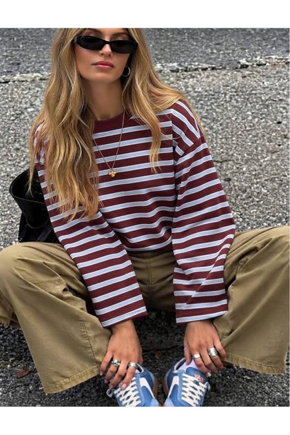 Çizgili Bisiklet Yaka Oversize Düşük Kol Örme Sweatshirt