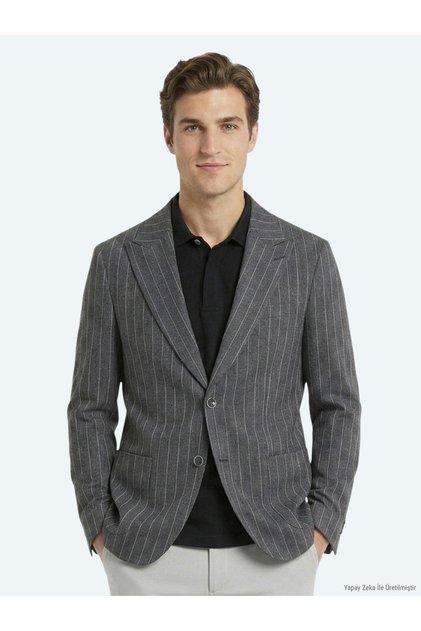 Antrasit Modern Fit Keten Karışımlı Ceket