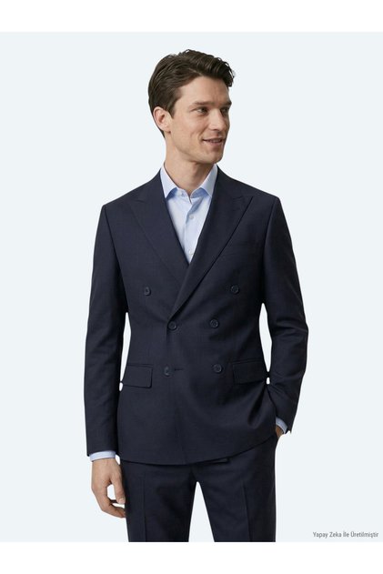 Lacivert Düz Modern Fit Yün Karışımlı Takım Elbise