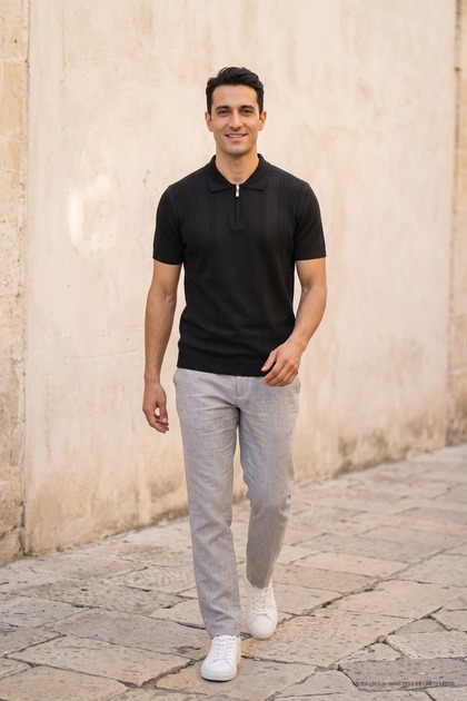 Erkek Trend Siyah Polo Fermuarlı Triko Tişört