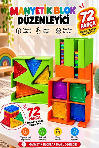 Manyetik Blok Düzenleyici Organizer – 72 Parça Kapasiteli Oyuncak Saklama Standı