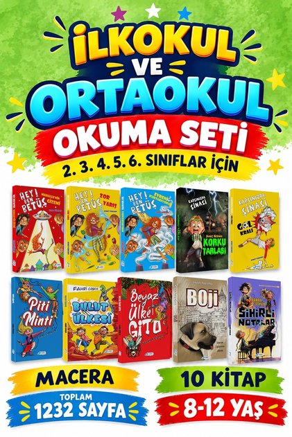 İlkokul - Ortaokul Okuma Kitap Seti 8 - 12 Yaş 10 Kitap 2. 3. 4. 5. ve 6. Sınıf Macera Roman Seti - 1232 Sayfa