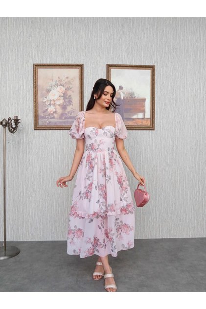 Watermelon Sleeve Floral Chiffon Dress