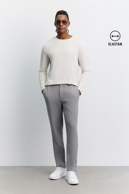 Men's Gray Side Elasticated Ribbed Elastane Slim Fit Trousers A62Y3080