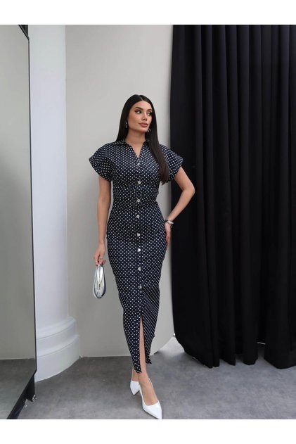 Polka Dot Waist Gathered Denim Dress