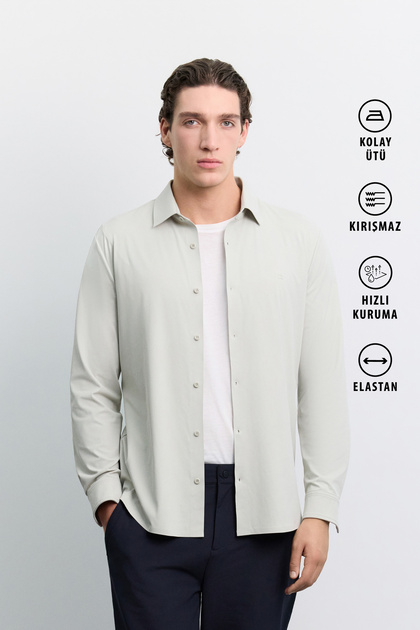 Men's Light Gray Glue Bonding Detailed Classic Collar Technical Diagonal Long Sleeve Slim Fit Shirt A62Y2078