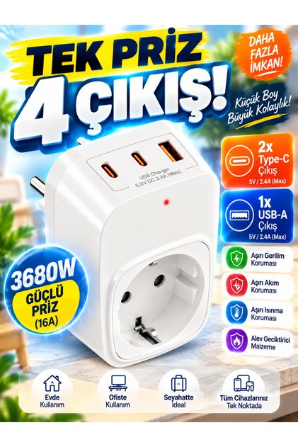 Çoklu Yüksek Voltaj Korumalı Duvar Prizi 2X Type-C 1X USB Çıkışlı Priz Grup Priz Çoğaltıcı