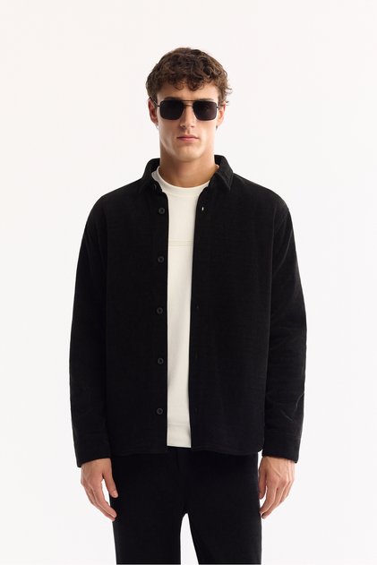 Men's Black Classic Collar Velvet Comfort Fit Shirt Jacket A52Y2103
