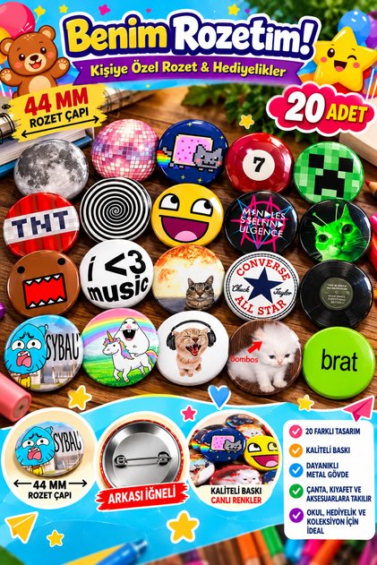 Trend Rozet Seti 20 Adet 44 mm | Popüler Karışık Rozetler | Buton Rozet Seti