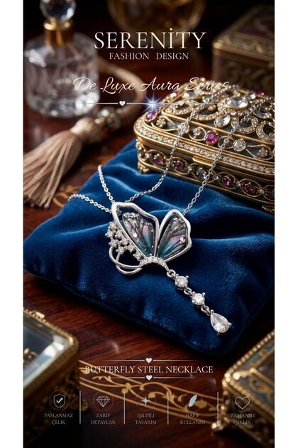 Silver Colored Wing Steel Necklace with Butterfly Figure