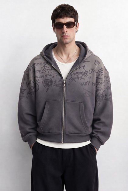 Lazer Baskı Premium Oversize Fermuarlı Hoodie Hırka Zip Sweatshirt - Füme